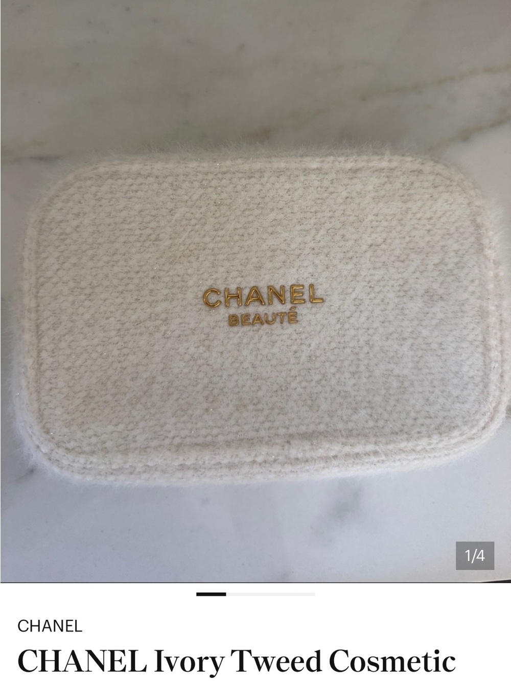 CHANEL Ivory Tweed Makeup Pouch with Gold Logo